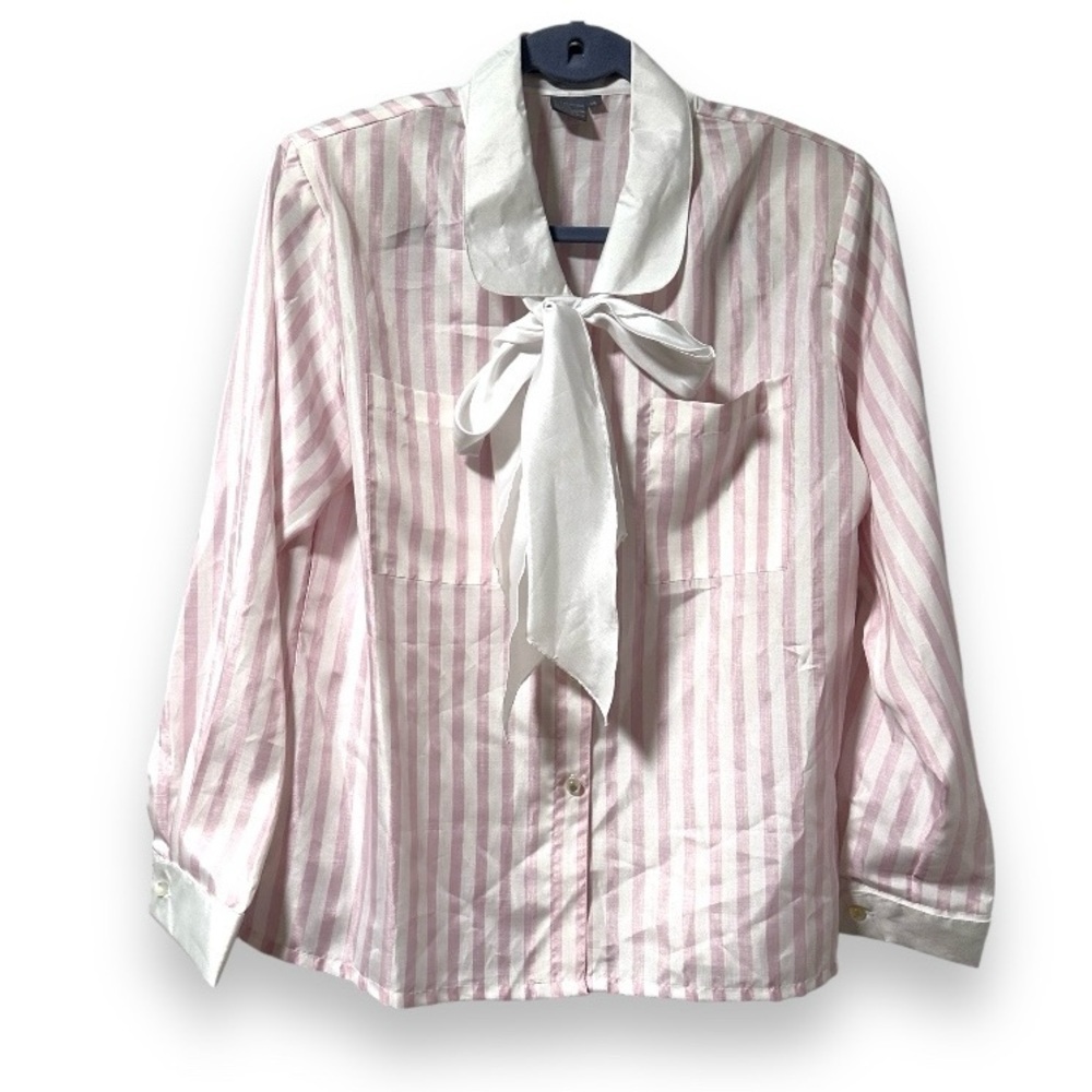 Vintage Savant Pink White Striped Tie Neck Secretary Blouse Women’s Size Large